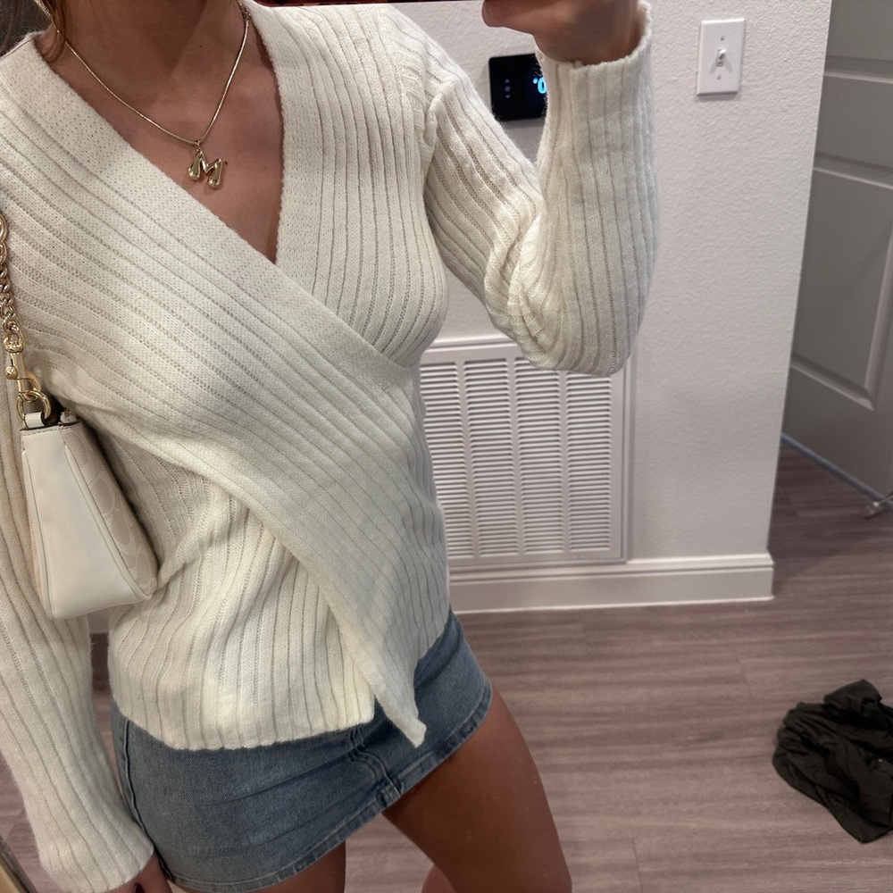 Elegant White Wrap Sweater